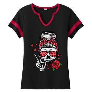 Valentines Skeleton Leopard Messy Bun Peace Funny Great Gift Ladies Halftime Notch Neck Tee