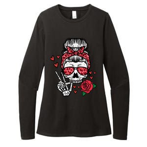 Valentines Skeleton Leopard Messy Bun Peace Funny Great Gift Womens CVC Long Sleeve Shirt