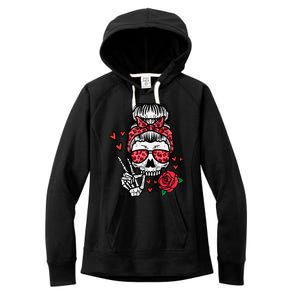 Valentines Skeleton Leopard Messy Bun Peace Funny Great Gift Women's Fleece Hoodie