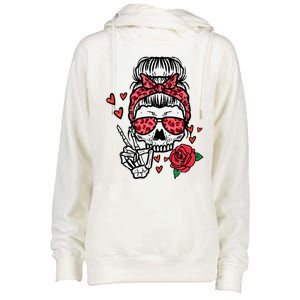 Valentines Skeleton Leopard Messy Bun Peace Funny Great Gift Womens Funnel Neck Pullover Hood