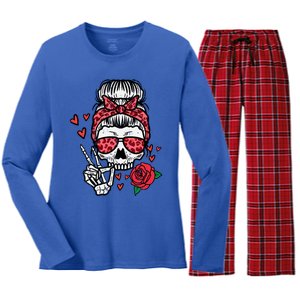 Valentines Skeleton Leopard Messy Bun Peace Funny Great Gift Women's Long Sleeve Flannel Pajama Set 