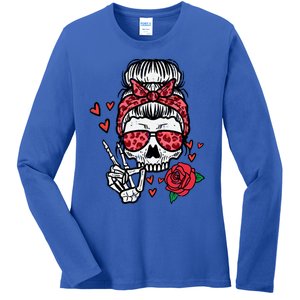 Valentines Skeleton Leopard Messy Bun Peace Funny Great Gift Ladies Long Sleeve Shirt