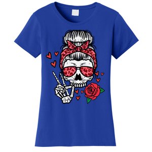 Valentines Skeleton Leopard Messy Bun Peace Funny Great Gift Women's T-Shirt