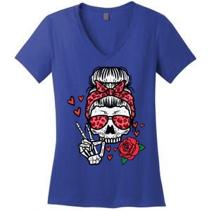 Valentines Skeleton Leopard Messy Bun Peace Funny Great Gift Women's V-Neck T-Shirt