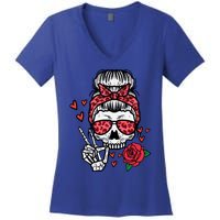 Valentines Skeleton Leopard Messy Bun Peace Funny Great Gift Women's V-Neck T-Shirt