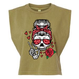 Valentines Skeleton Leopard Messy Bun Peace Funny Great Gift Garment-Dyed Women's Muscle Tee