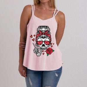 Valentines Skeleton Leopard Messy Bun Peace Funny Great Gift Women's Strappy Tank