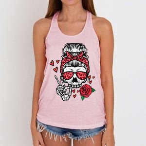 Valentines Skeleton Leopard Messy Bun Peace Funny Great Gift Women's Knotted Racerback Tank