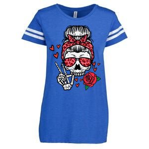 Valentines Skeleton Leopard Messy Bun Peace Funny Great Gift Enza Ladies Jersey Football T-Shirt