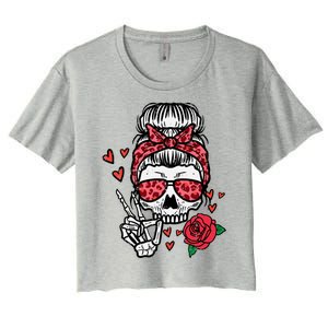 Valentines Skeleton Leopard Messy Bun Peace Funny Great Gift Women's Crop Top Tee