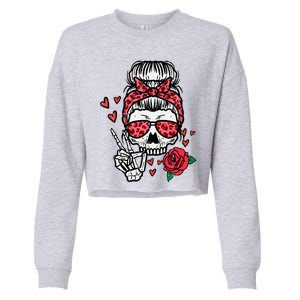 Valentines Skeleton Leopard Messy Bun Peace Funny Great Gift Cropped Pullover Crew