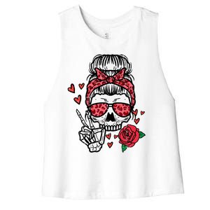 Valentines Skeleton Leopard Messy Bun Peace Funny Great Gift Women's Racerback Cropped Tank