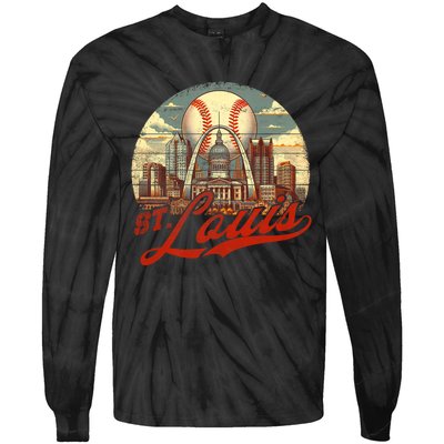 Vintage St. Louis Skyline Game Day Retro Baseball Tie-Dye Long Sleeve Shirt