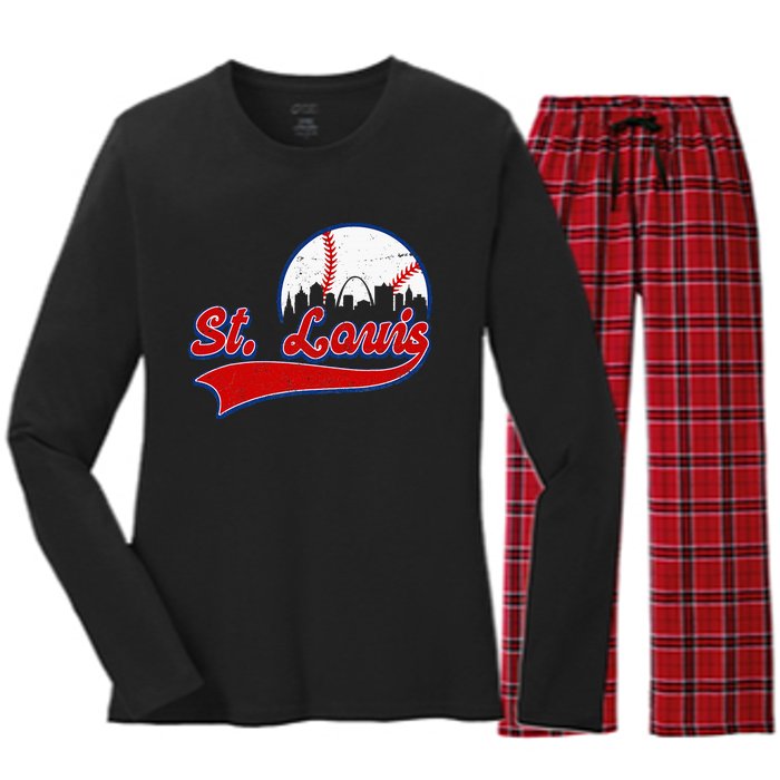 Vintage St. Louis City Downtown Skylines Baseball Fans Lover Women's Long Sleeve Flannel Pajama Set 