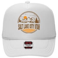 Vintage Salt Lake City Utah Mountain Hiking Souvenir Print High Crown Mesh Back Trucker Hat