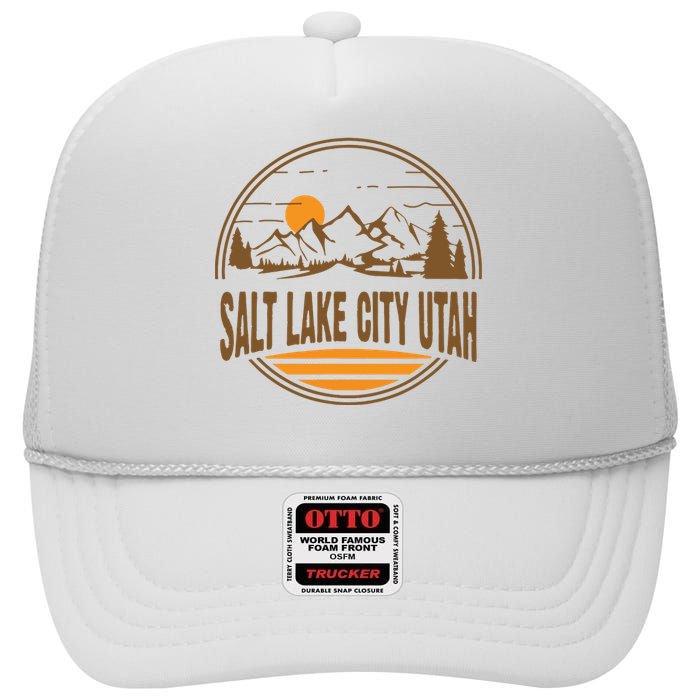 Vintage Salt Lake City Utah Mountain Hiking Souvenir Print High Crown Mesh Back Trucker Hat