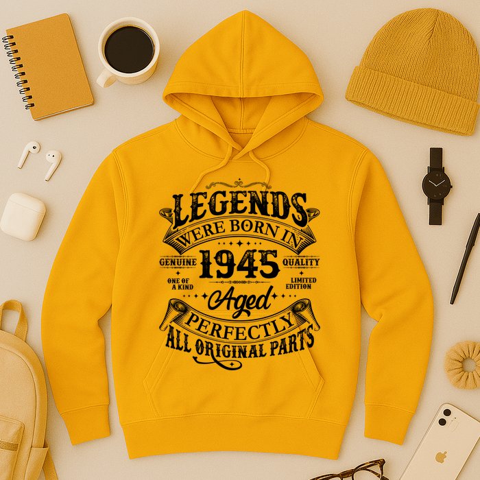 Vintage Scroll Legends Were Born In 1945 Aged Perfectly 80th Birthday Hoodie