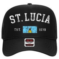 Vintage St Lucia Flag Est 1979 Retro Souvenir High Crown Mesh Back Trucker Hat