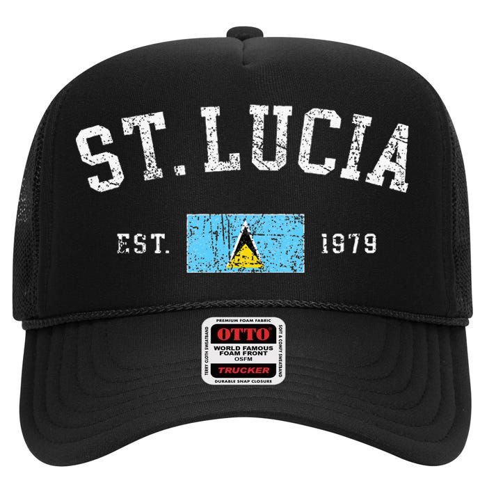 Vintage St Lucia Flag Est 1979 Retro Souvenir High Crown Mesh Back Trucker Hat