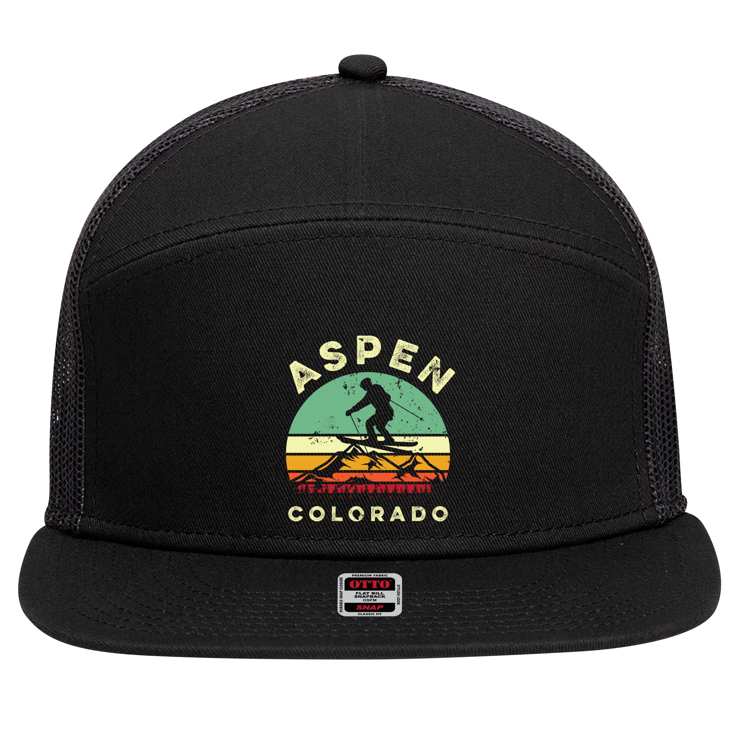 Vintage Skiing Lover Aspen Colorado Funny Skiers Gifts 7 Panel Mesh Trucker Snapback Hat