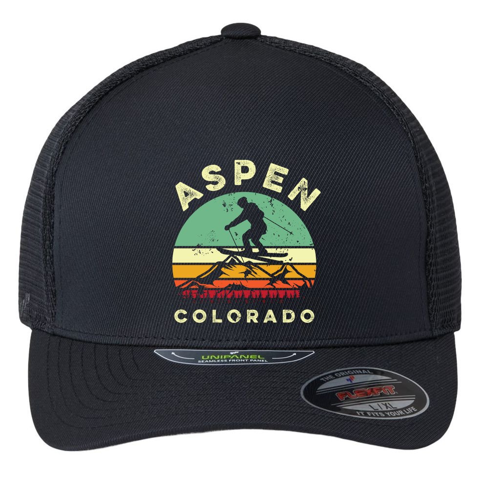 Vintage Skiing Lover Aspen Colorado Funny Skiers Gifts Flexfit Unipanel Trucker Cap