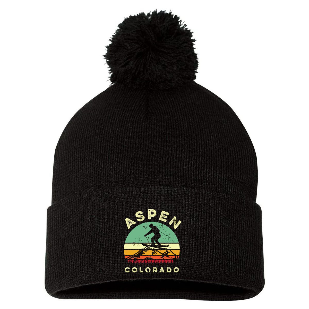 Vintage Skiing Lover Aspen Colorado Funny Skiers Gifts Pom Pom 12in Knit Beanie