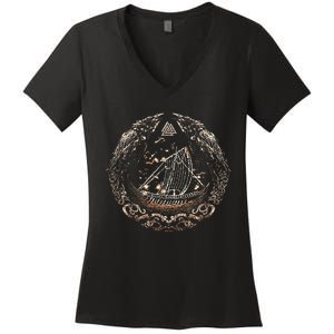 Viking Ship Odins Raven Huginn And Muninn Norse Mythology Women's V-Neck T-Shirt