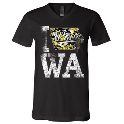 Vintage State of Iowa Trendy Wave Iowans Black Yellow Design V-Neck T-Shirt