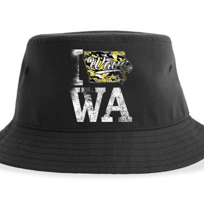 Vintage State of Iowa Trendy Wave Iowans Black Yellow Design Sustainable Bucket Hat