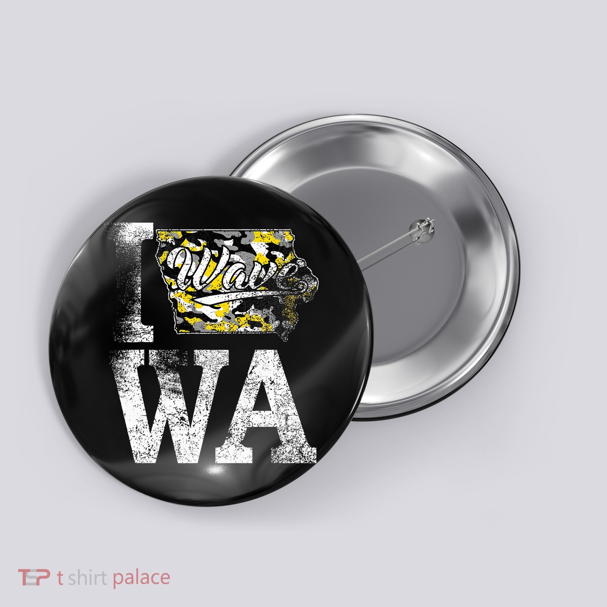 Vintage State of Iowa Trendy Wave Iowans Black Yellow Design Button