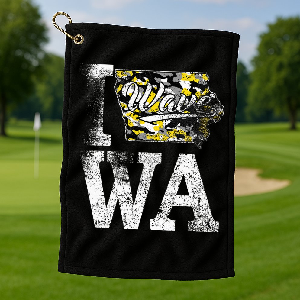 Vintage State of Iowa Trendy Wave Iowans Black Yellow Design Golf Towel