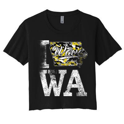 Vintage State of Iowa Trendy Wave Iowans Black Yellow Design Crop Top