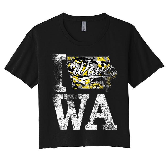 Vintage State of Iowa Trendy Wave Iowans Black Yellow Design Crop Top