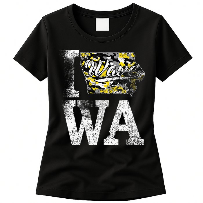 Vintage State of Iowa Trendy Wave Iowans Black Yellow Design Womens T-Shirt