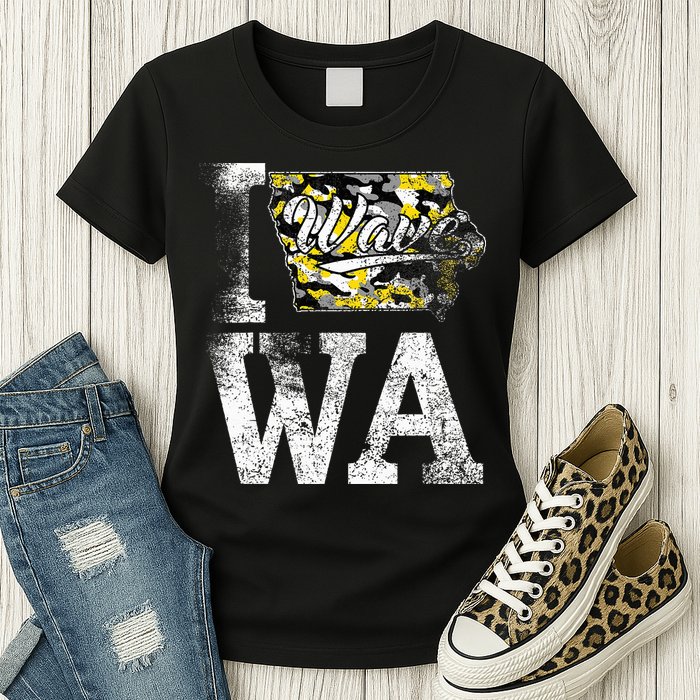 Vintage State of Iowa Trendy Wave Iowans Black Yellow Design Womens T-Shirt