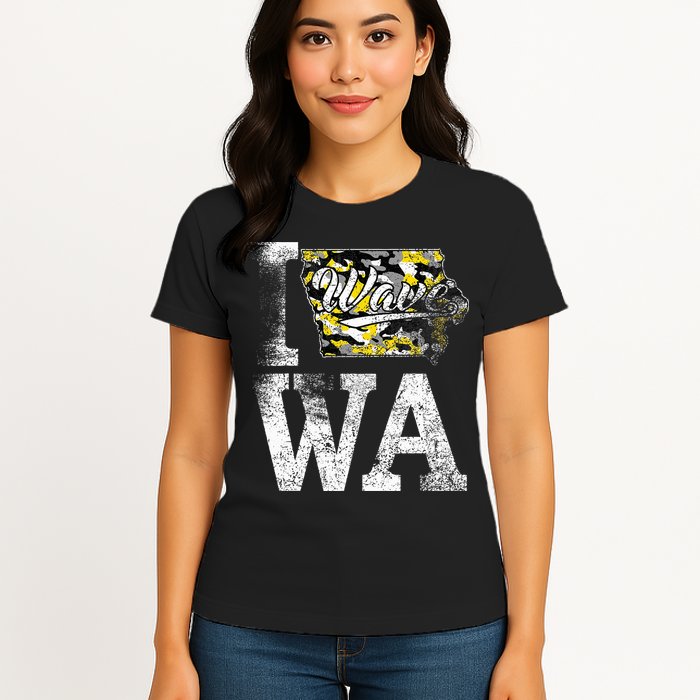 Vintage State of Iowa Trendy Wave Iowans Black Yellow Design Womens T-Shirt