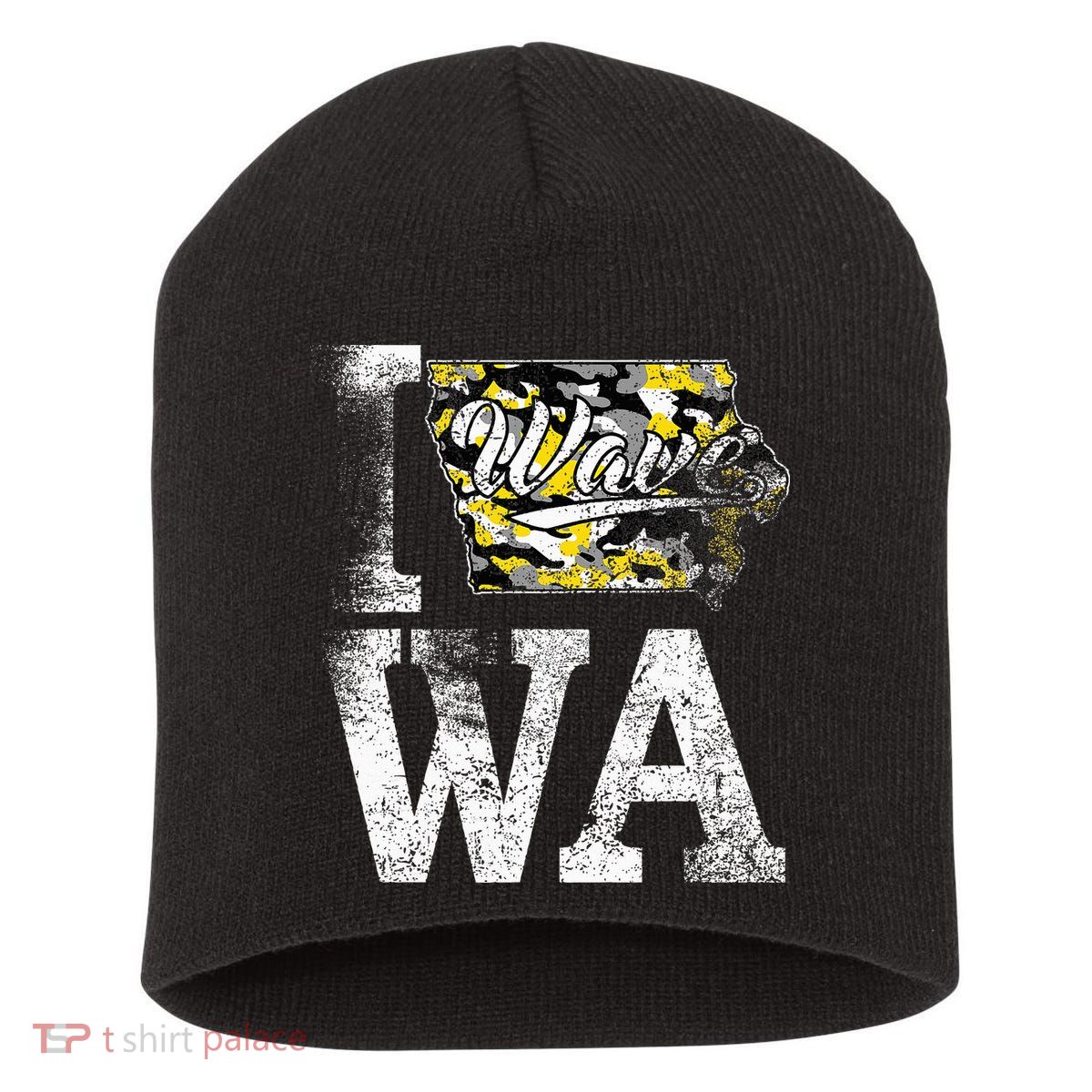 Vintage State of Iowa Trendy Wave Iowans Black Yellow Design Short Acrylic Beanie