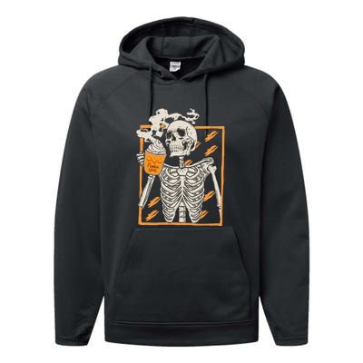 Vintage Skeleton Pumpkin Spice Halloween Performance Fleece Hoodie