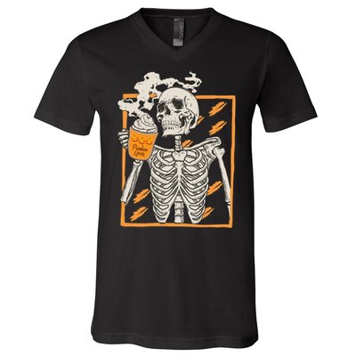 Vintage Skeleton Pumpkin Spice Halloween V-Neck T-Shirt