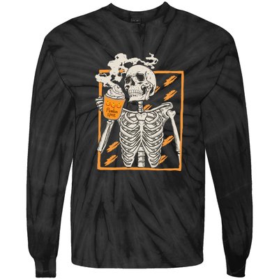 Vintage Skeleton Pumpkin Spice Halloween Tie-Dye Long Sleeve Shirt