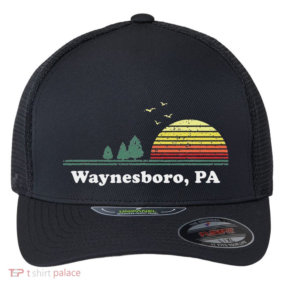 Vintage Sunset Pine Tree Waynesboro Pennsylvania Souvenir Flexfit Unipanel Trucker Cap