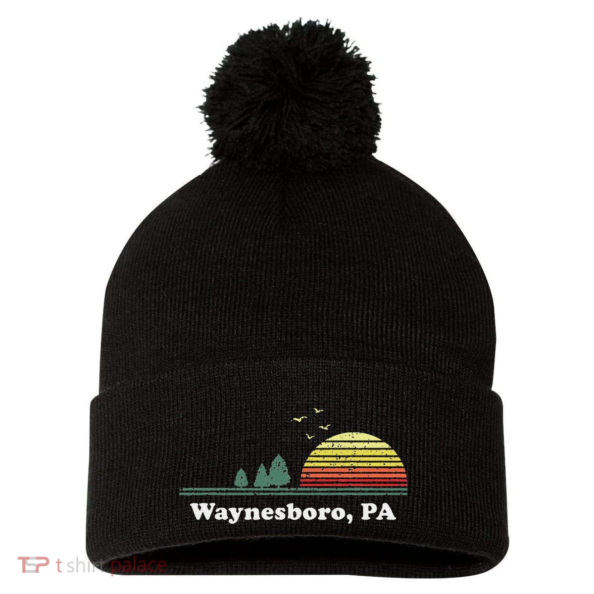 Vintage Sunset Pine Tree Waynesboro Pennsylvania Souvenir Pom Pom 12in Knit Beanie