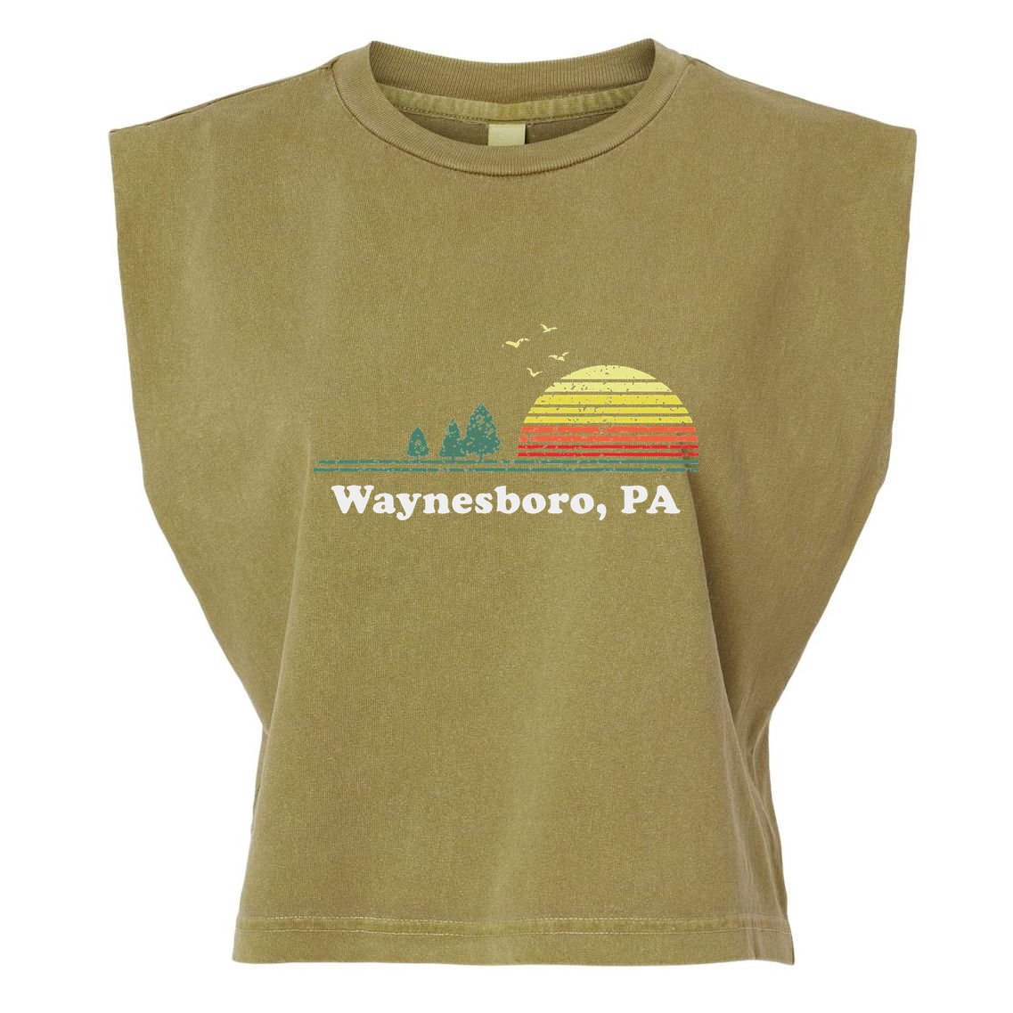 Vintage Sunset Pine Tree Waynesboro Pennsylvania Souvenir Garment-Dyed Women's Muscle Tee