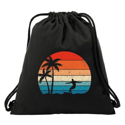 Vintage Sunset Palm Surfer Retro Surfing Beach Surf Drawstring Bag