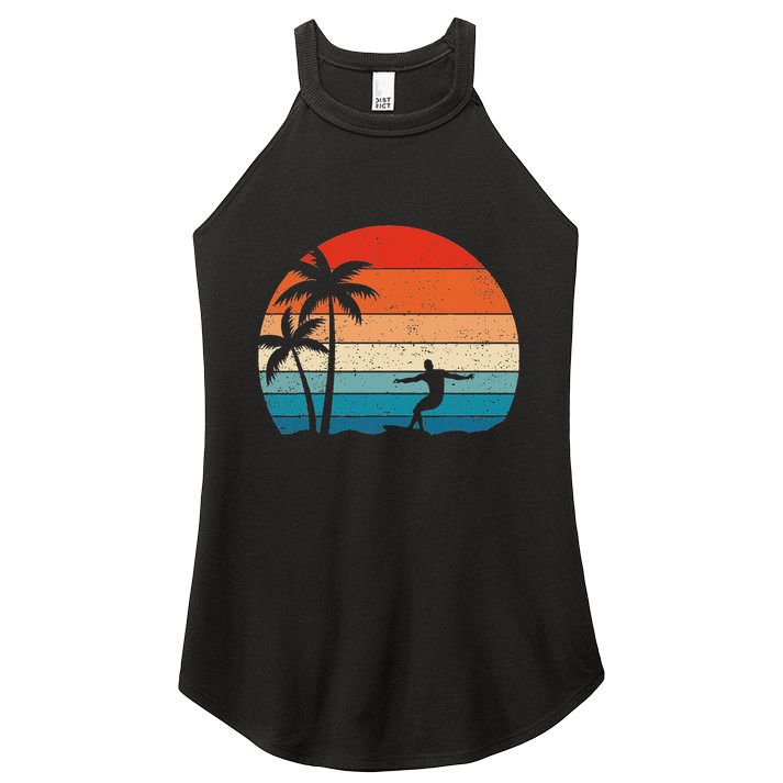Vintage Sunset Palm Surfer Retro Surfing Beach Surf Women's Perfect Tri Rocker Tank