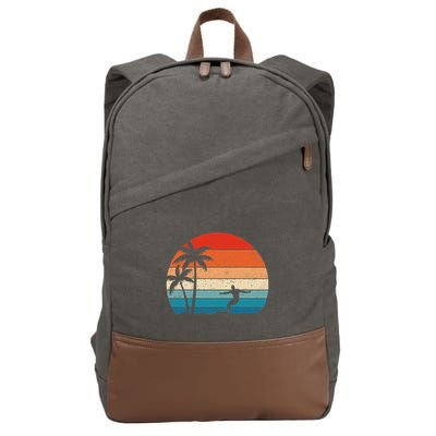 Vintage Sunset Palm Surfer Retro Surfing Beach Surf Cotton Canvas Backpack