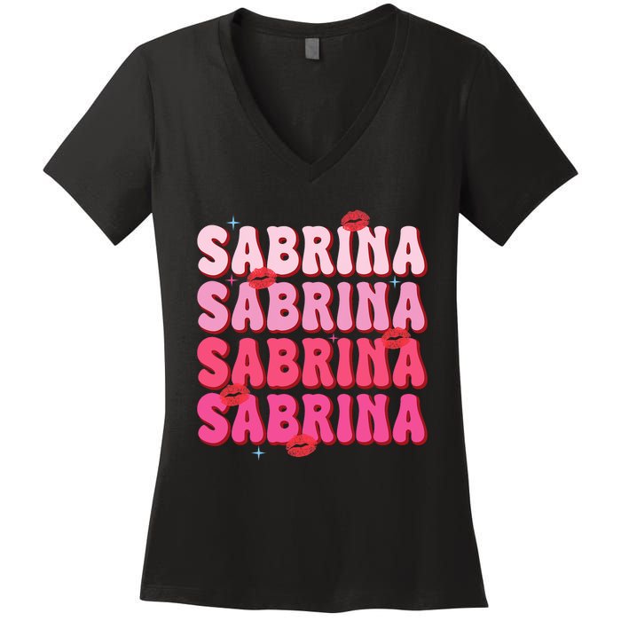 Vintage Sabrina Personalized Name I Love Sabrina Groovy Women's V-Neck T-Shirt