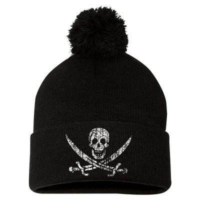 Vintage Skull Pirate Flag Pom Pom 12in Knit Beanie