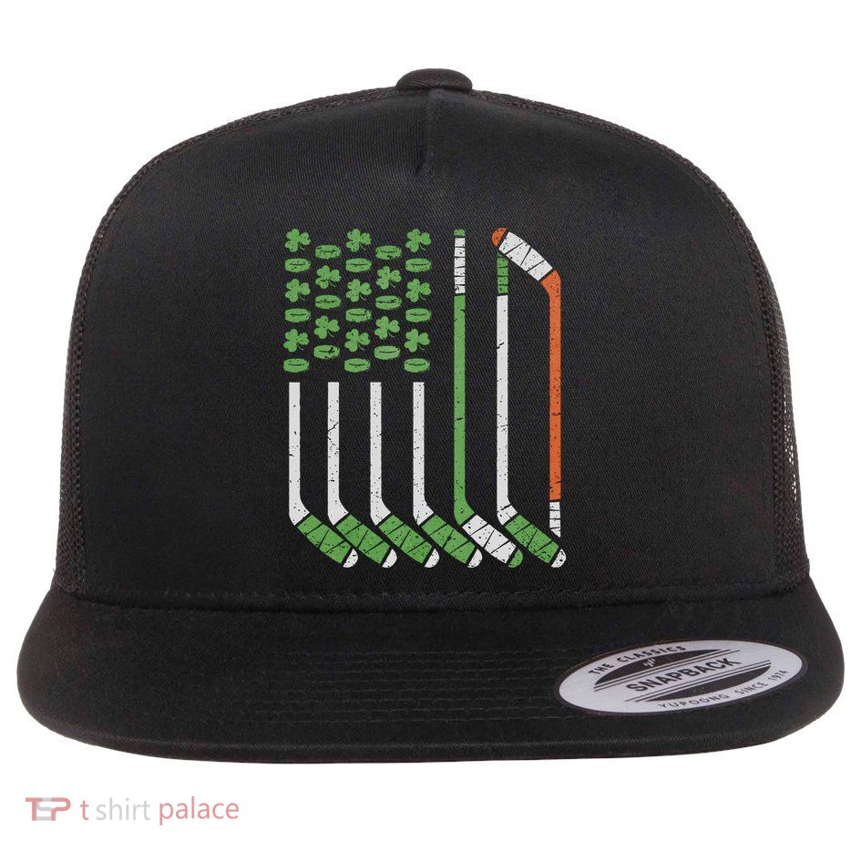 Vintage St Patricks Day Ice Hockey Iris American Flag Hockey Flatbill Hat