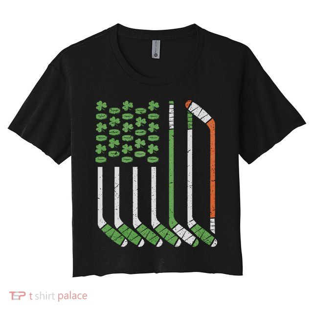 Vintage St Patricks Day Ice Hockey Iris American Flag Hockey Crop Top